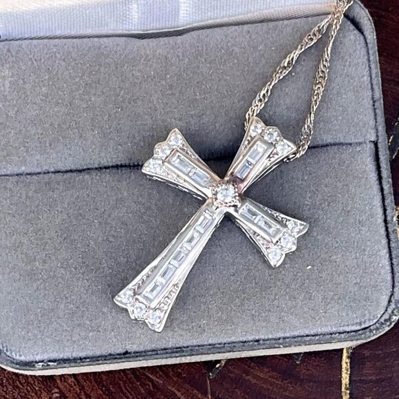 Sterling Cross Necklace with Cubic Zirconia Vintage Religious Jewelry Whimsigoth - Picture 2 of 8